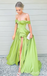 Olive Off-the-shoulder A-line Evening Gown Maxi Long Formal Dresses Prom Dresses with High Slit ,WGP993