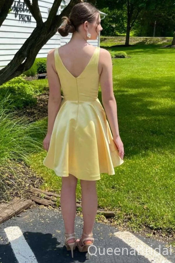 Light Yellow V-neck Layer A-line Graduation Party Short Homecoming Dresses ,QB0722