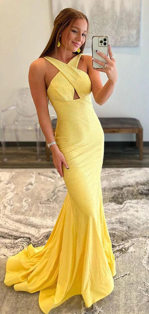 Sexy Unique Yellow Backless Mermaid Long Formal Prom Dresses Evening Gown ,WGP542