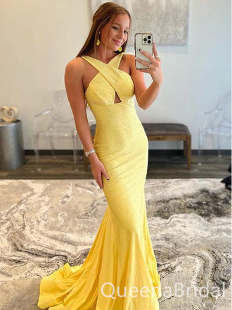 Sexy Unique Yellow Backless Mermaid Long Formal Prom Dresses Evening Gown ,WGP542