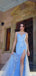 Elegant Blue Sequins Mermaid Side Slit Spaghetti Strap Long Wedding Guest Prom Dresses,WGP434
