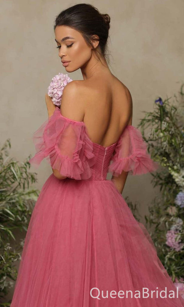 Sexy Elegant Tulle Off Shoulder A-line Strapless Evening Gown Long Prom Dresses ,WGP646