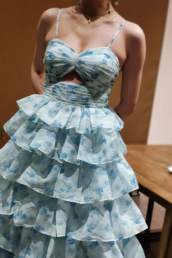 Elegant Light Blue Spaghetti Strap Ruffles  A-Line Pleats Long Prom Dresses,WGP435