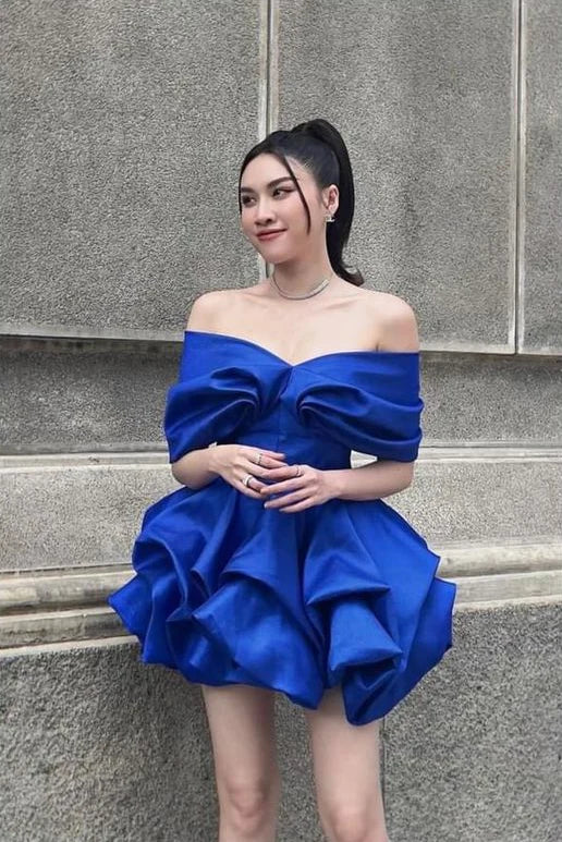 Elegant Royal Blue Bubble Off Shoulder Cheap Short Homecoming Dresses,QB0384