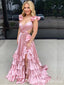 Sexy Light Pink Layer High Slit Evening Gown Maxi Long Formal Dresses Prom Dresses with Ruffles ,WGP949