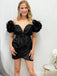 Sexy Black Deep V-neck Sheath Off-the-shoulder Plunging Short Homecoming Dresses , QB0631