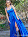 Spaghetti Straps Blue A-line Straight Neck Evening Gown Maxi Long Evening Party Prom Dresses with Slit,WGP1031