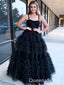 Sexy Black Spaghetti Straps Ruffle Tulle A- Line Long Evening Prom Dresses,WGP503