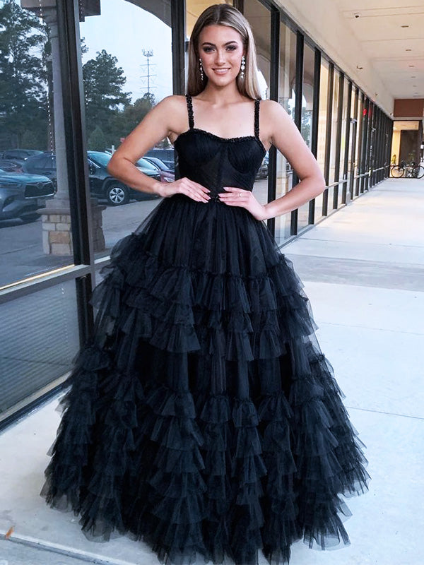 Sexy Black Spaghetti Straps Ruffle Tulle A- Line Long Evening Prom Dresses,WGP503