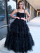 Sexy Black Spaghetti Straps Ruffle Tulle A- Line Long Evening Prom Dresses,WGP503