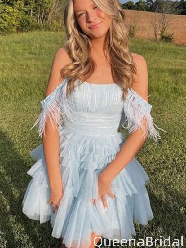 Elegant Spaghetti Strap Off-shoulder A-line Short Mini Homecoming Dress,QB1090