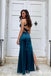Gorgeous Blue V Neck Side Slit Lace up Black Sheath Long Prom Dresses  ,WGP1589