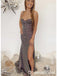 Sexy Silver Mermaid Spaghetti Strap Side Slit Sequins Criss - Cross Back Long Prom Dresses,WGP438