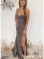 Sexy Silver Mermaid Spaghetti Strap Side Slit Sequins Criss - Cross Back Long Prom Dresses,WGP438