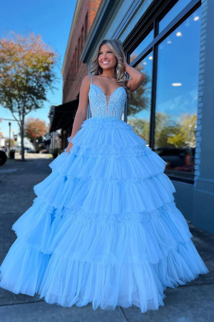 Gorgeous Blue A-line V-neck Spaghetti Straps Long Formal Gown to Impress,WGP1751