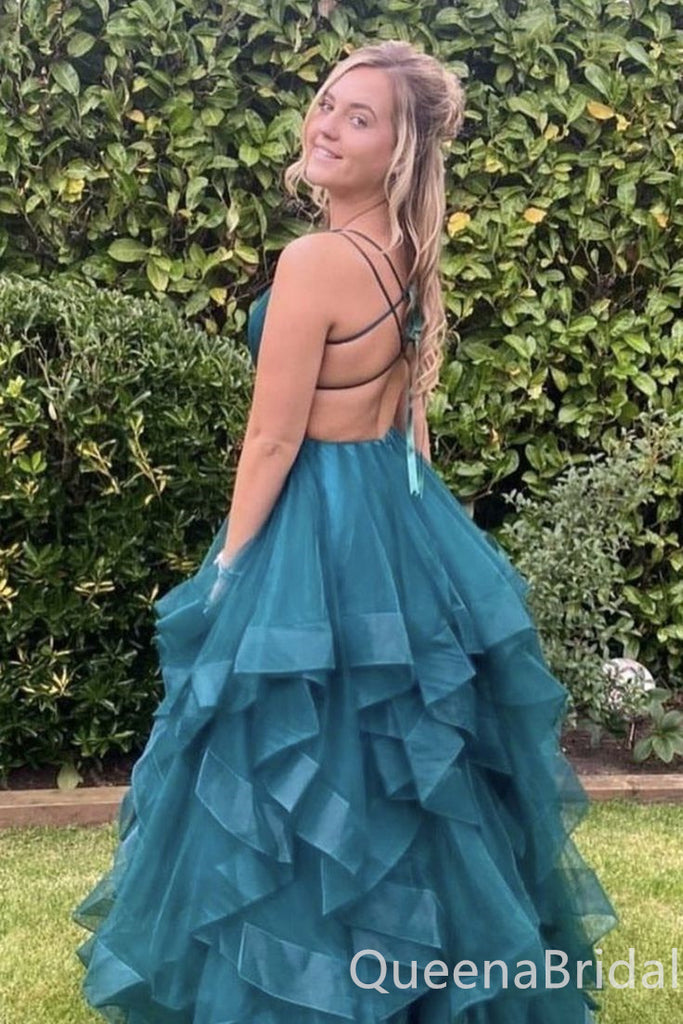 Sexy Green V-neck Lace Up Back Evening Gown Maxi Long Formal Dresses Prom Dresses with Ruffles,WGP936