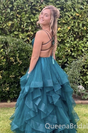 Sexy Green V-neck Lace Up Back Evening Gown Maxi Long Formal Dresses Prom Dresses with Ruffles,WGP936