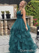 Sexy Green V-neck Lace Up Back Evening Gown Maxi Long Formal Dresses Prom Dresses with Ruffles,WGP936