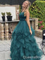 Sexy Green V-neck Lace Up Back Evening Gown Maxi Long Formal Dresses Prom Dresses with Ruffles,WGP936