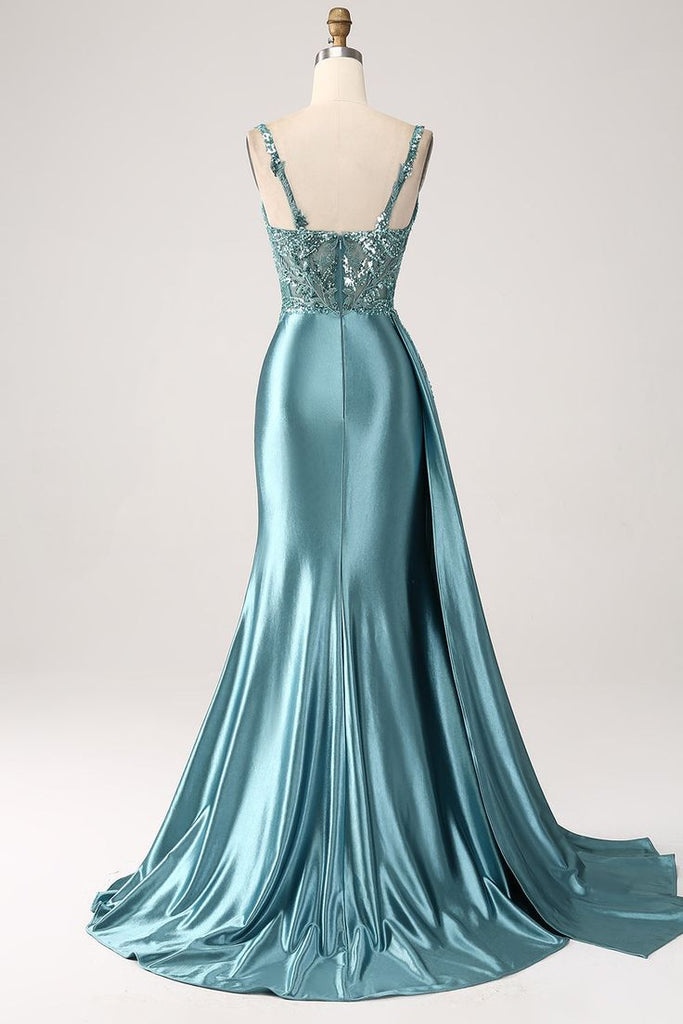 Stunning Dusty Blue Beaded Mermaid Prom Dress - Satin High Slit Formal Evening Gown, WGP543