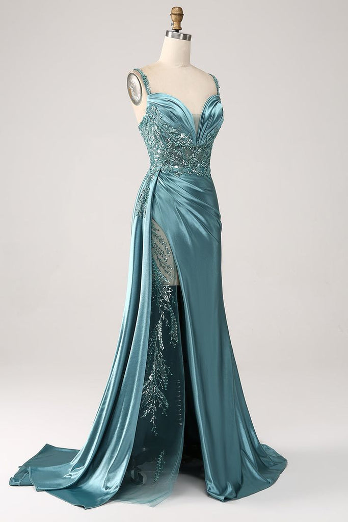 Stunning Dusty Blue Beaded Mermaid Prom Dress - Satin High Slit Formal Evening Gown, WGP543