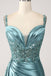 Stunning Dusty Blue Beaded Mermaid Prom Dress - Satin High Slit Formal Evening Gown, WGP543