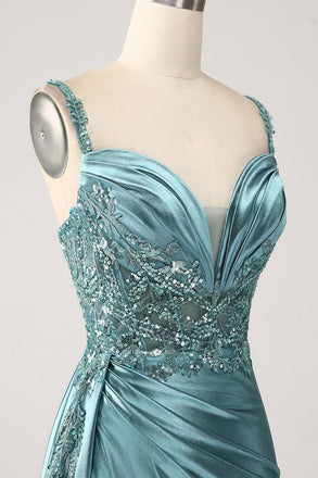 Stunning Dusty Blue Beaded Mermaid Prom Dress - Satin High Slit Formal Evening Gown, WGP543