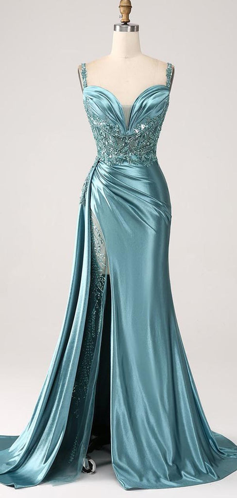 Stunning Dusty Blue Beaded Mermaid Prom Dress - Satin High Slit Formal Evening Gown, WGP543