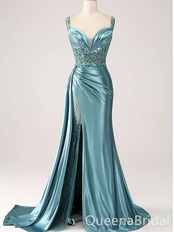 Stunning Dusty Blue Beaded Mermaid Prom Dress - Satin High Slit Formal Evening Gown, WGP543