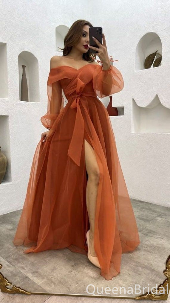 Gorgeous Burnt Orange Off Shoulder Long Sleeves A-line Long Evening Dress with Slit ,WGP1618