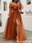 Gorgeous Burnt Orange Off Shoulder Long Sleeves A-line Long Evening Dress with Slit ,WGP1618
