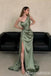 Elegant Green One Shoulder Sheath Side Slit Long Prom Dresses ,WGP1624