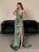 Elegant Green One Shoulder Sheath Side Slit Long Prom Dresses ,WGP1624