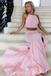 Light Pink Two Pieces Halter A-line Evening Gown Maxi Long Evening Party Prom Dresses with Slit ,WGP1066