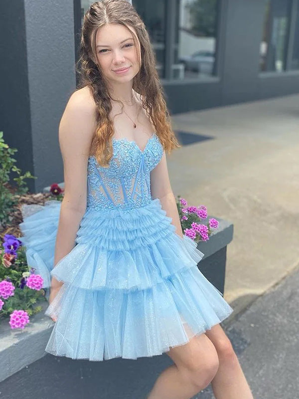 Elegant Blue Ruffles Tulle Lace Appliqueas Illusion A-Line Simple Short Homecoming Dresses, QB0407