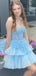 Elegant Blue Ruffles Tulle Lace Appliqueas Illusion A-Line Simple Short Homecoming Dresses, QB0407