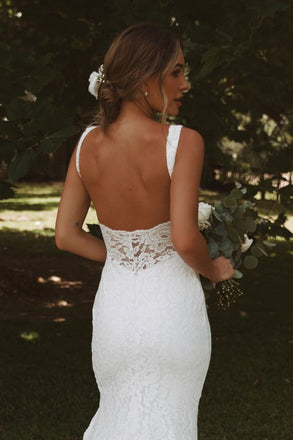 Elegant White Spaghetti Straps V Neck Lace Appliques Mermaid Long Wedding Dresses,WGP206