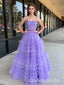 Sexy Light Purple Spaghetti Straps Ruffle Tulle A- Line Long Evening Prom Dresses,WGP508