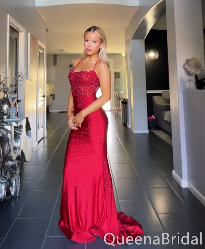 Sexy Red Spaghetti Straps Beaded Mermaid Long Prom Dresses ,WGP1645