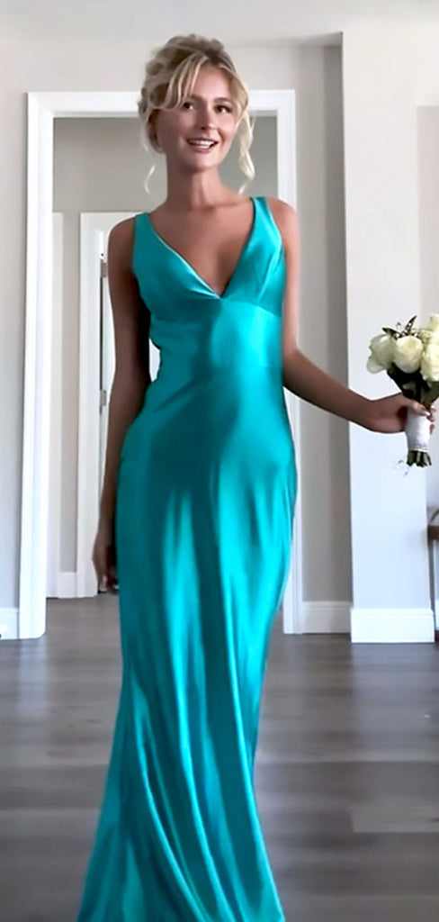 Elegant Teal Satin V-Neck Long Prom Dress - Sleek Mermaid Formal Evening Gown, WGP521