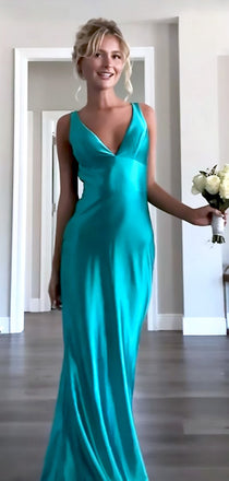 Elegant Teal Satin V-Neck Long Prom Dress - Sleek Mermaid Formal Evening Gown, WGP521