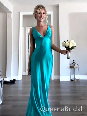 Elegant Teal Satin V-Neck Long Prom Dress - Sleek Mermaid Formal Evening Gown, WGP521