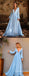 Light Blue A-line Long Sleeves Plunging Evening Gown Maxi Long Evening Party Prom Dresses ,WGP1144
