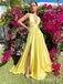 Light Yellow Plunging Criss Cross A-line Evening Gown Long Evening Party Prom Dresses with Slit ,WGP1258