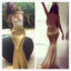 Sexy Appliques Lace Up Back Gold Mermaid Spaghetti Straps Long Evening Gown Prom Dresses ,WGP575
