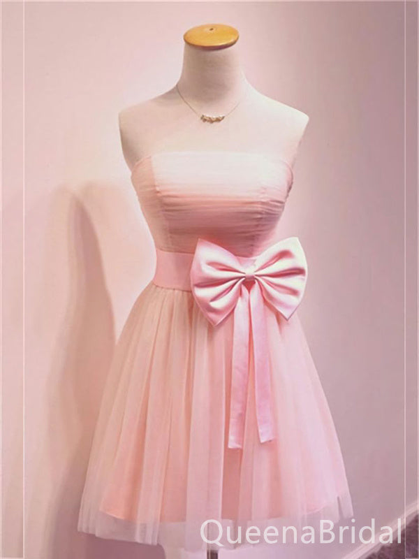 Stunning Strapless Pink Sweetheart A-line Graduation Party Short Homecoming Dress Formal Evening Party Dress with Bow Belt, QB0841