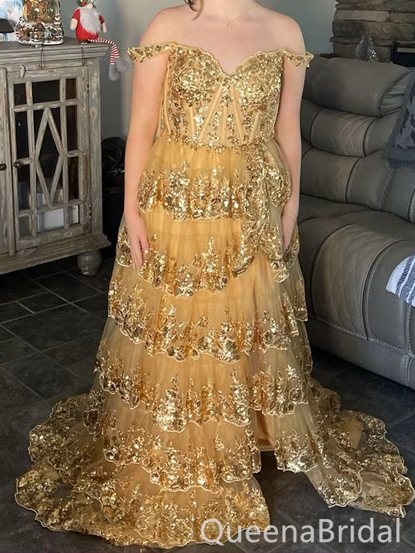 Elegant Yellow Off Shoulder A-line Sequins Ruffles Side Slit Lace Up Back Long Prom Dresses,WGP410