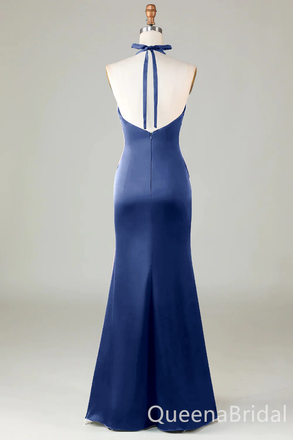 Blue Halter Plunging Mermaid Open Back Evening Gown Long Evening Party Prom Dresses ,WGP1263
