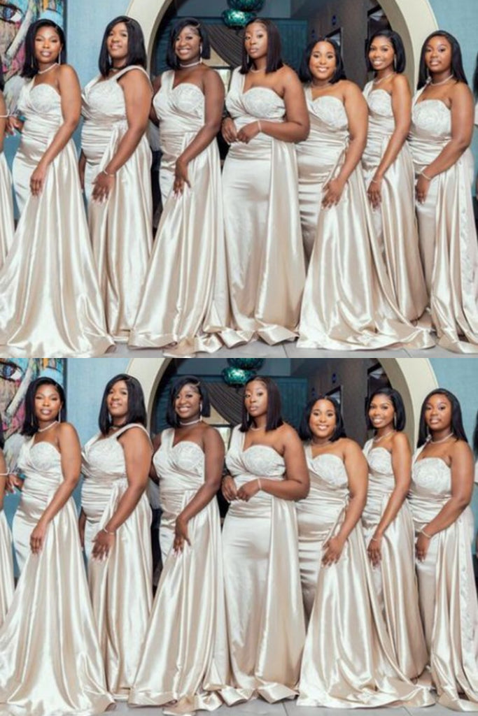 Champagne One Shoulder Mermaid Long Bridesmaid Dresses ,BDS0215