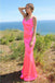 Elegant Candy Pink V Neck Spaghetti Strap Mermaid Evening Long Prom Dresses,WGP480
